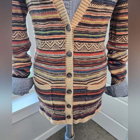 EDDIE BAUER LONG LINE BUTTON FRONT CARDIGAN COTTON SWEATER TAN STRIPE WOMEN S - Picture 7 of 15